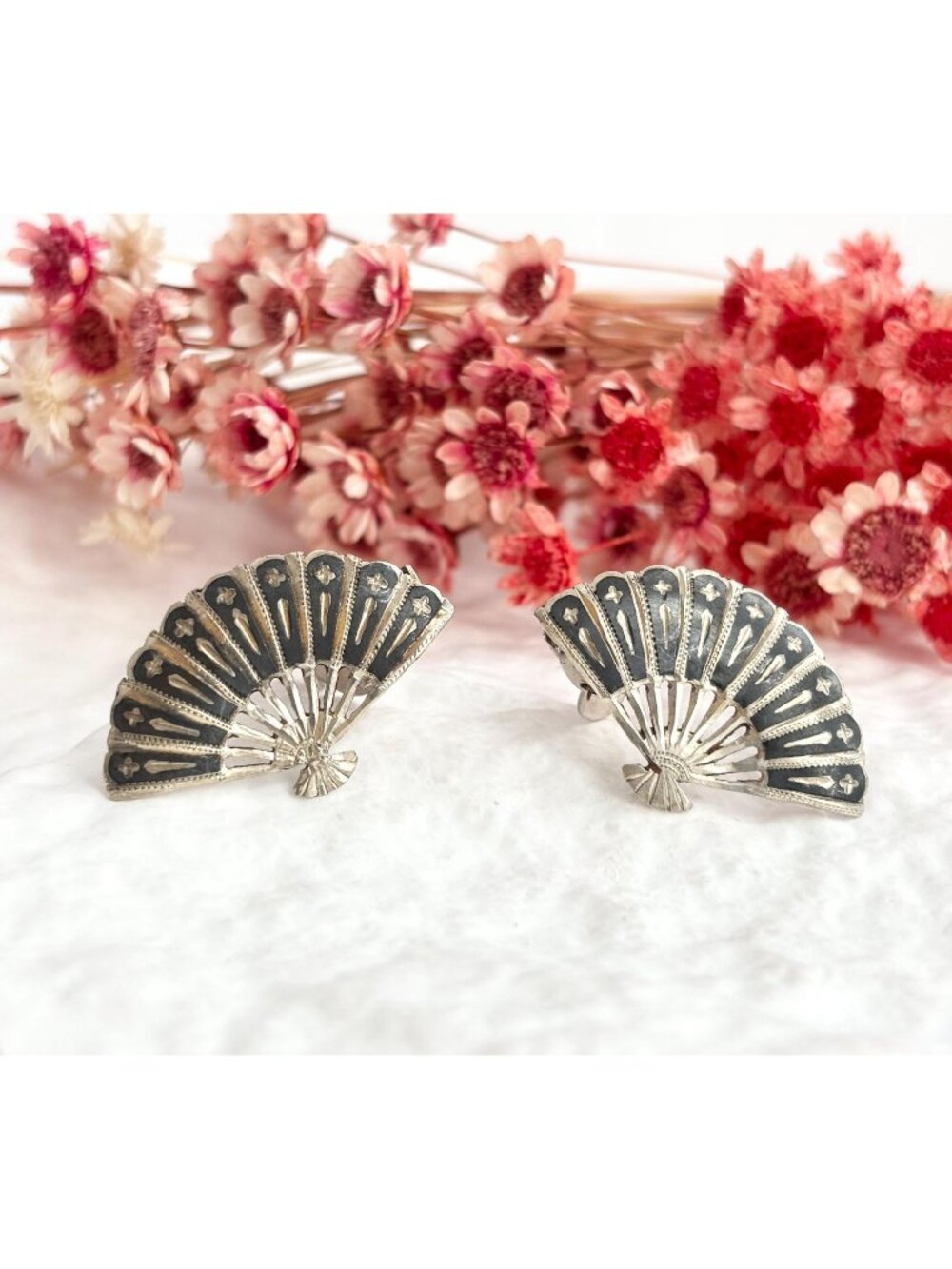 Siam Sterling Clip On Fan Nielloware Vintage Ramasoon Thai Made 925 Earrings